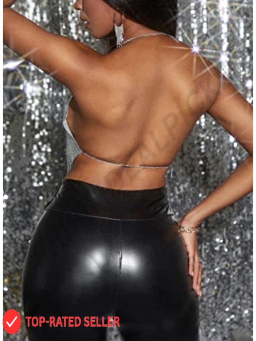 Metallic Chain Sequin Rhinestone Backless Crop Halter Top Club Rave - Picture 2 of 6